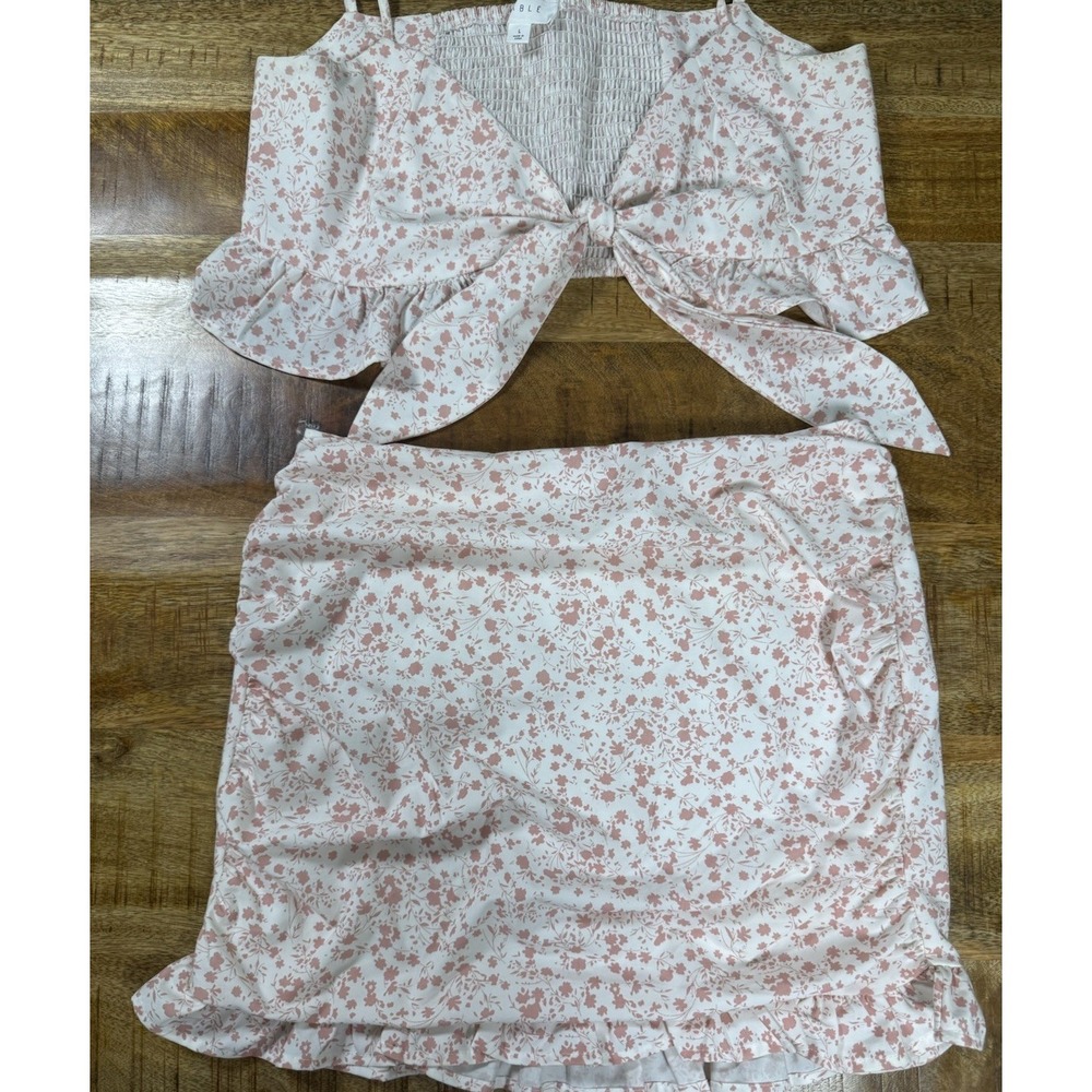 Mable Floral 2 Piece Set Crop Top Mini Skirt Pink Cottagecore Size L